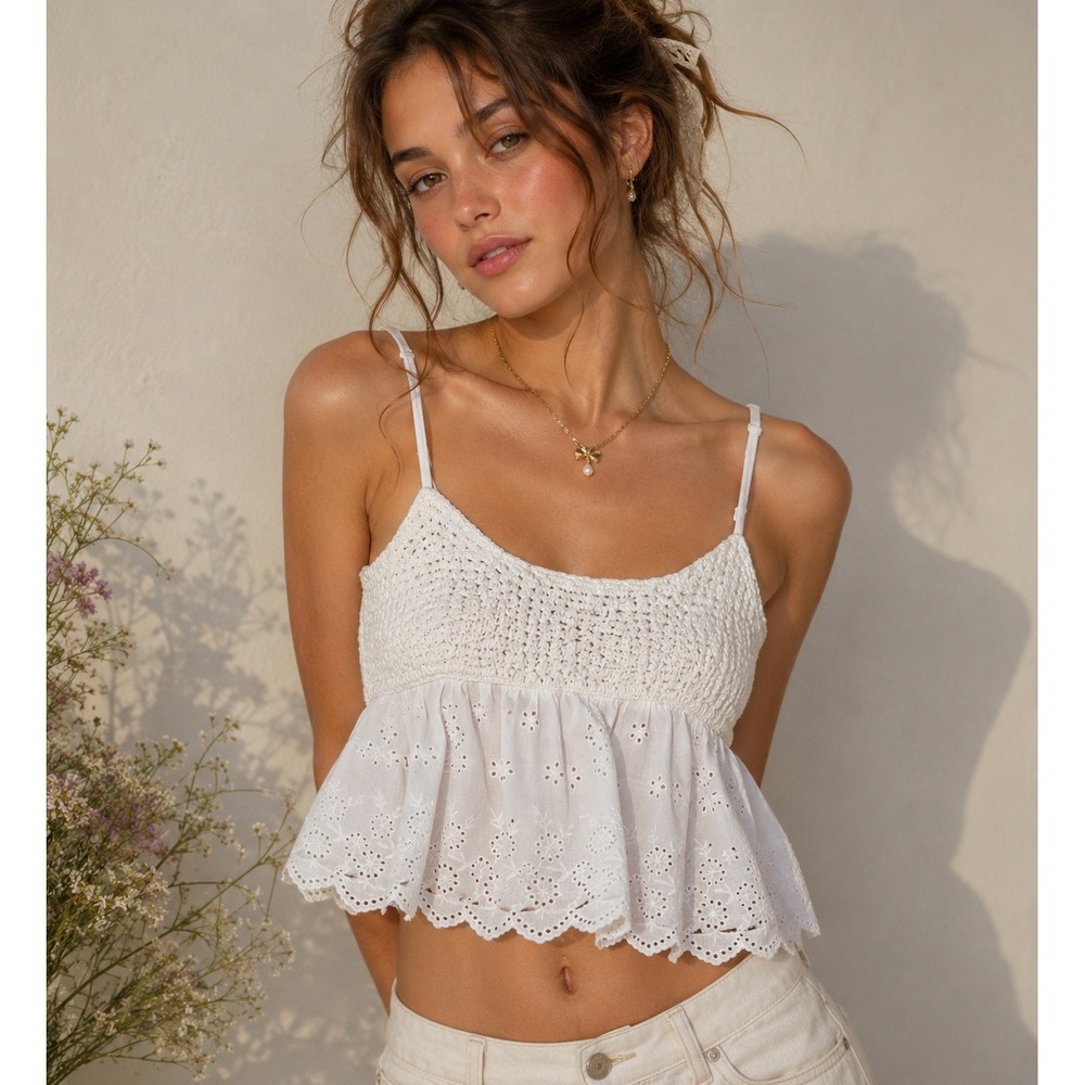 Full Tilt White Crochet Eyelet‎ Lace Peplum Camisole Tank Top Smocked Back Boho